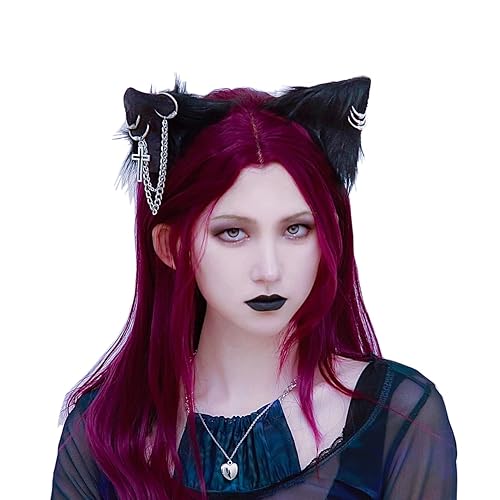 Gothic Furry Cat Kitten Ear Clips Cosplay Kitten Play Petplay Fluffy Animal Ears with Ear Cuffs 2023 New Version - Punk Kitten Ears