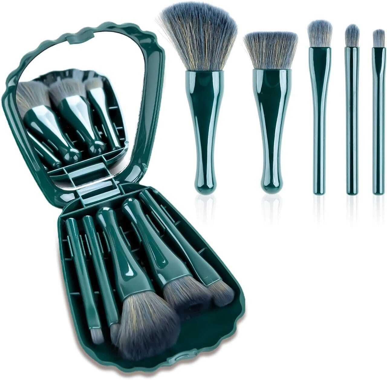 professional 5 in 1 small mini makeup brush kit with mirror for face eye shadows eyeshadow powder blush cosmetic case set cleanser for women foundation travel brushes for girl female (green)