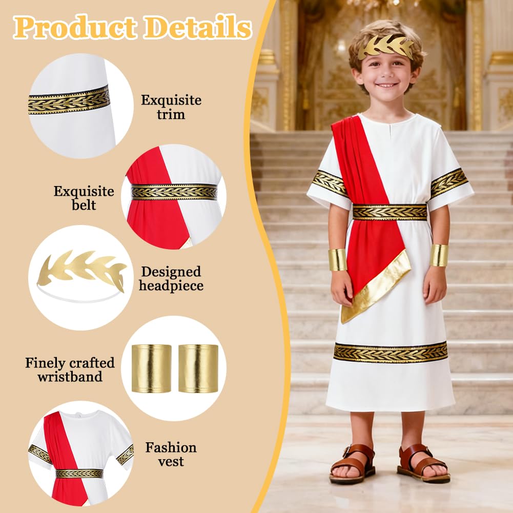 BSBUY Ancient Roman Greek Costume Boys Kids White Red Greek Long Robe Roman Toga Fancy Dress Costume Roman Emperor Dress Up Outfit with Belt Headband Wristband for Halloween World Book Day(120) - Image 3