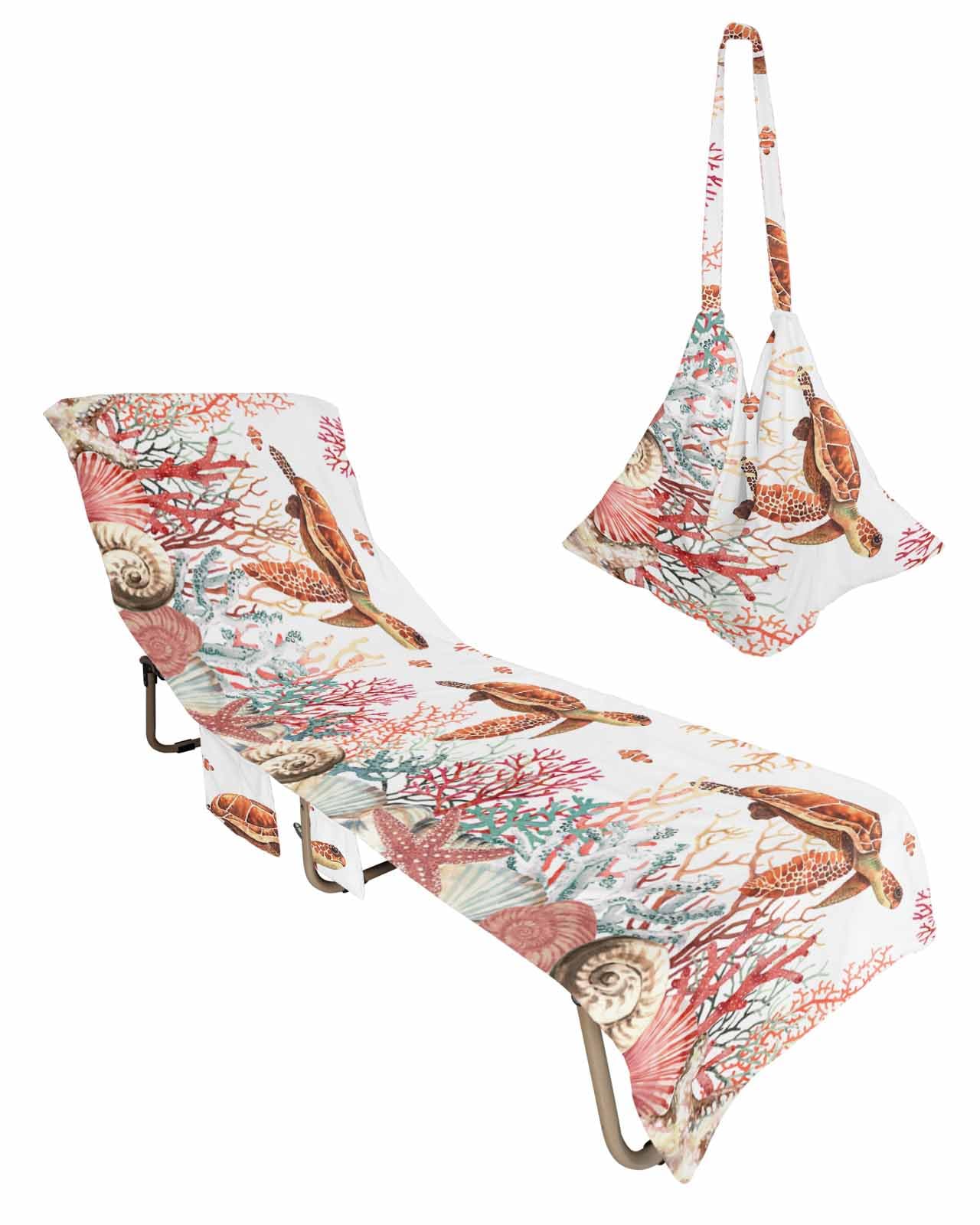 Red Sea Turtle Beach Lounge Chair Towel Cover, Soft Chaise Lounge Towel with Side Pockets Patio Pool Chairs Cover for Beach/Pool Sunbathing 29x85 Summer Beach Nautical Coastal Coral