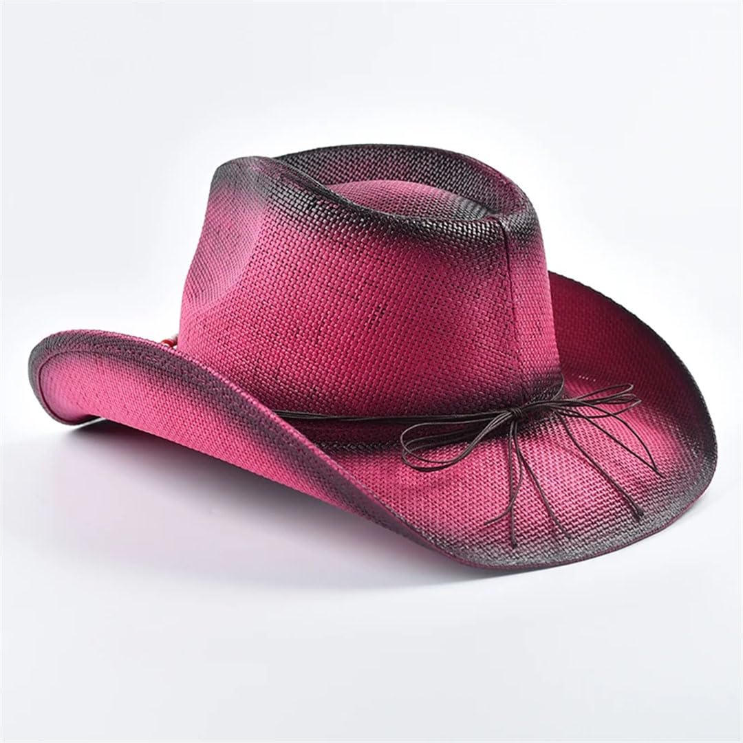 Cappelli da sole da donna in paglia stile occidentale per donna vintage bordo arricciato cowgirl jazz cappello da spiaggia, Rosa, Etichettalia unica