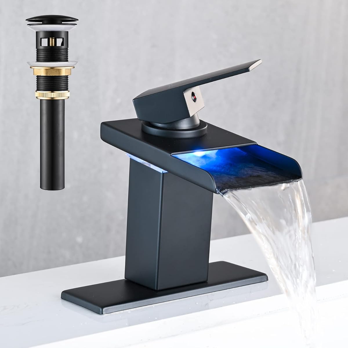 LED Bathroom Sink Faucet, Matte Black Waterfall Single Hole Handle Vanity Faucets for Sinks 1 Hole with Metal Pop Up Drain and 2 Water Supply Lines, Stainless Steel Spout