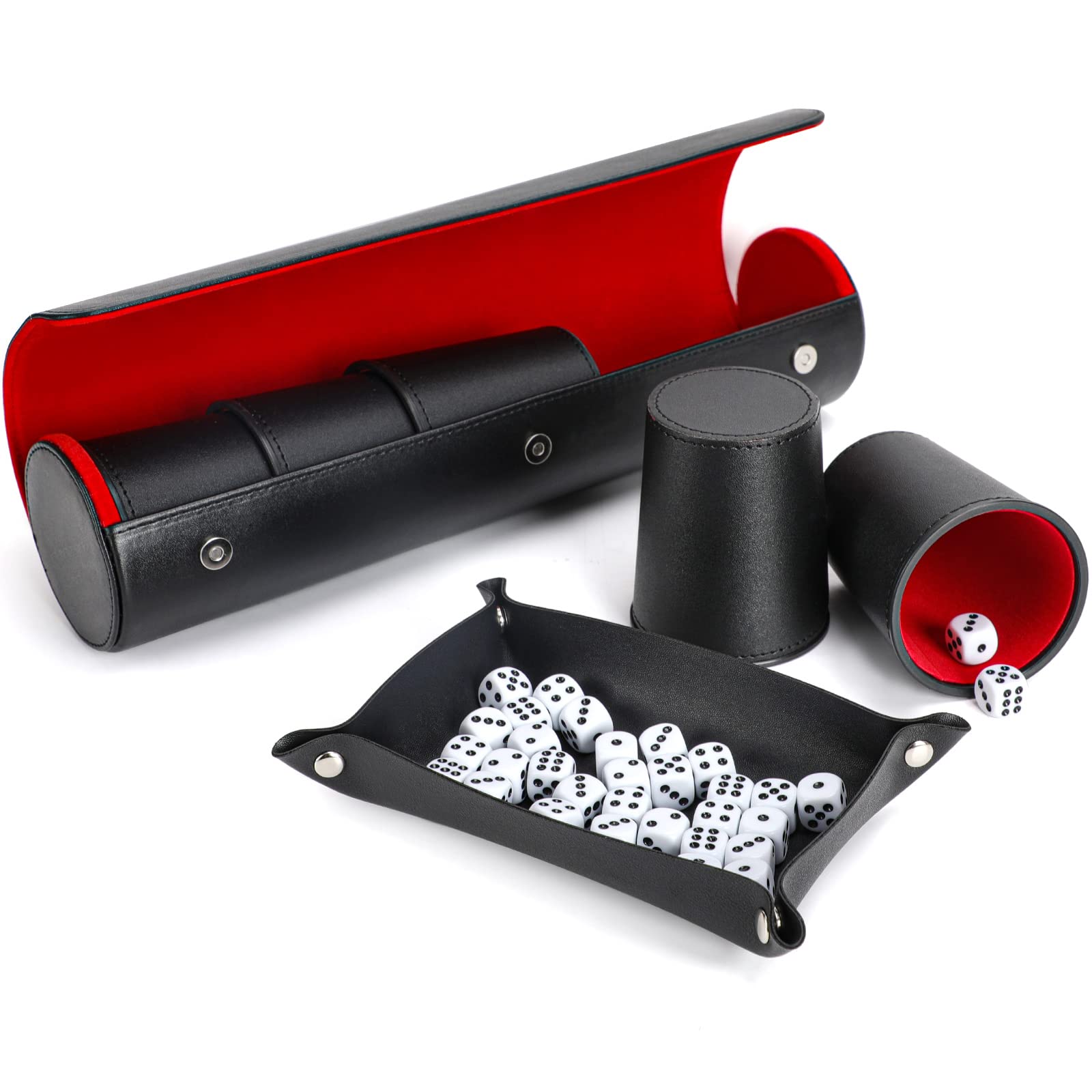 Party Games Leather Dice Cup Set, 5 Dice Cups+25 Dice+1 Folding Tray Exclusive Storage and Transport Case Made of Faux
