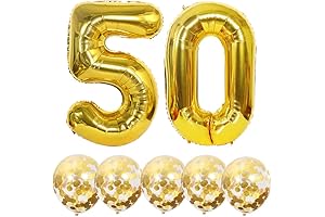Number 50 and Gold Confetti Balloons