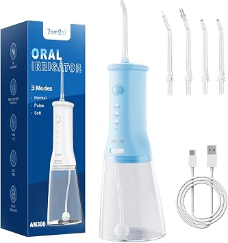7AM2M Portable Water Flosser Cordless, Water Dental Flosser for Teeth with 3 Modes & 4 Jet Tips, IPX7 Waterproof, 350ML Rechargeable Oral Irrigation Cleaner for Travel and Home Use Light Blue