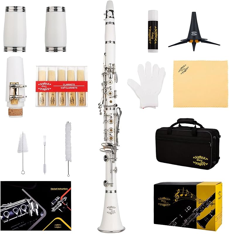 Glory GLYCLAWH Professional Ebonite Bb Clarinet with 10 Reeds, Stand, Hard Case, Cleaning Cloth, Mouthpiece Brush and Pad Brush,White/Silver