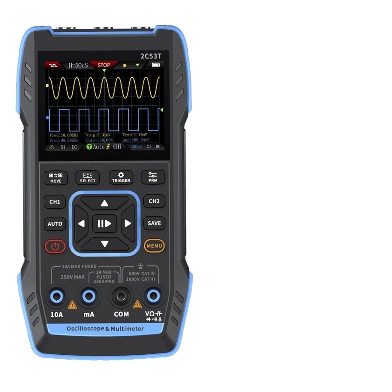 2C53T Digital Oscilloscope Multimeter Signal Generator 3 in 1 Dual Channel 50MHz 250MS Sampling Rate 20000 Count True RMS(2C53T with P6100x2)