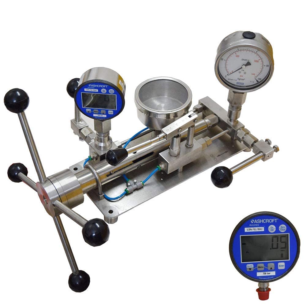 Calibratore di pressione e vuoto da banco (campo di misura: 0-1000 kg/cm²) per laboratori di calibrazione, industria farmaceutica e petrolchimica. Modello: AI-PCAL1