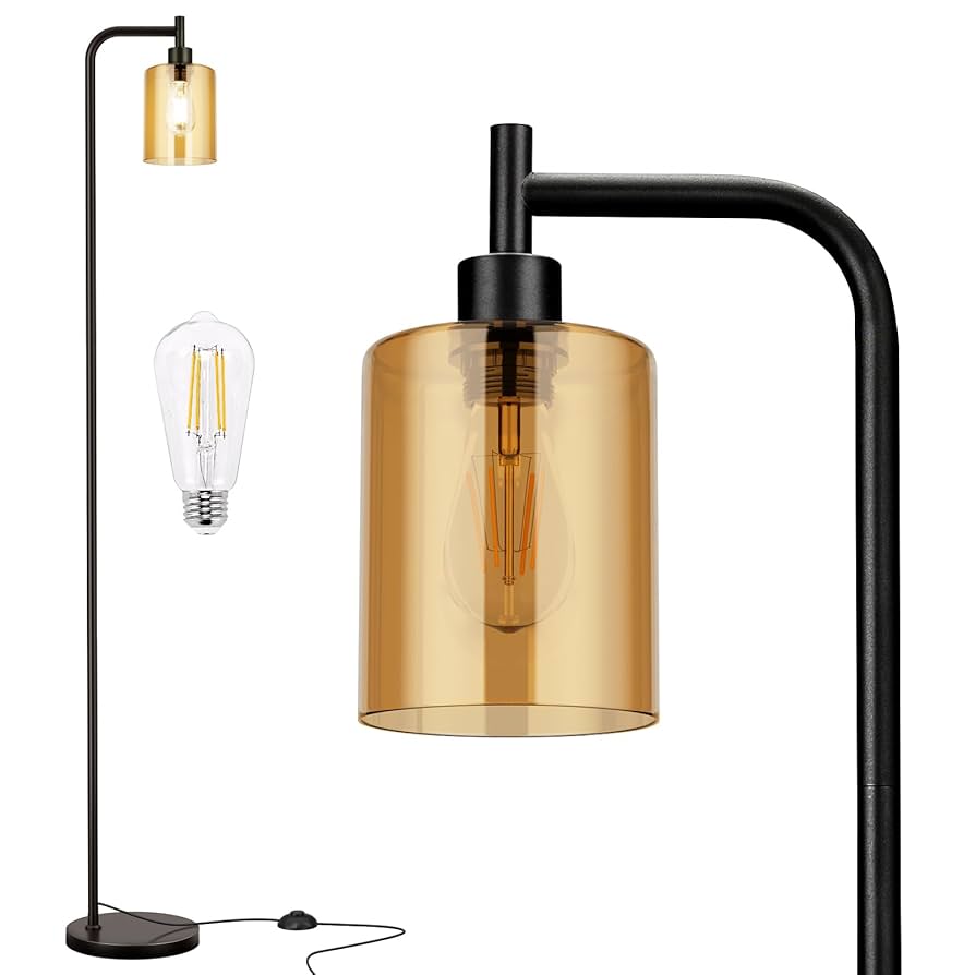 Floor Lamps for Living Room - Standing Lamp with Amber Glass Shade, Modern Floor Lamp with LED Bulbs, Industrial Floor Lamp for Bedroom, Black Tall Lamp for Office(Light Bulb Included)