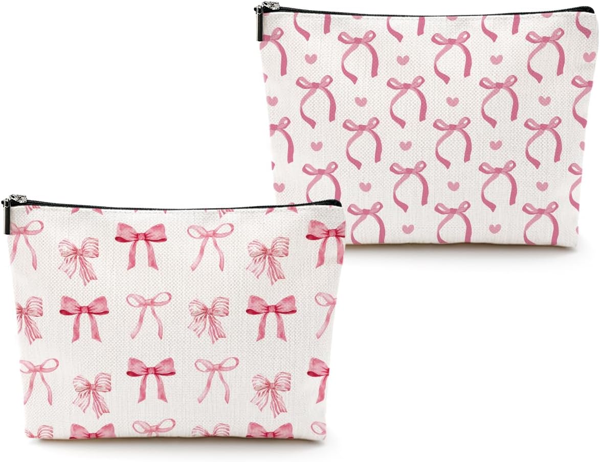 2PCS Pink Preppy Coquette Bow Makeup Bag Make Up Bag, Bags Gifts for Women