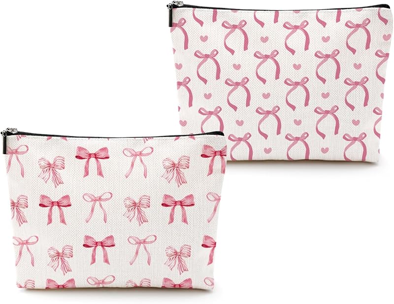 Necessaire de maquiagem CQM com laço Preppy Coquette rosa, Pacote com 2