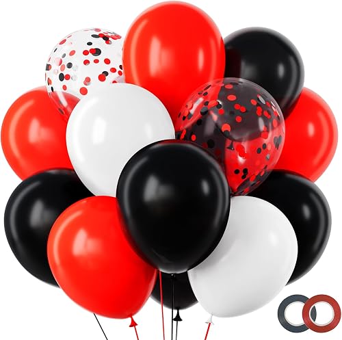 RUBFAC 65pcs 12 Inches Red Black White Balloons Kit, Black Red White Confetti Party Balloons with Ribbons for Birthday, Wedding, Baby Shower, Graduation Decorations