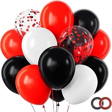 RUBFAC Red and Black Balloons Graduation Decorations Kit, White and Confetti Balloon 65pcs 12in, Party Balloons for Birthday, Stranger Things or Casino Theme Party Decorations