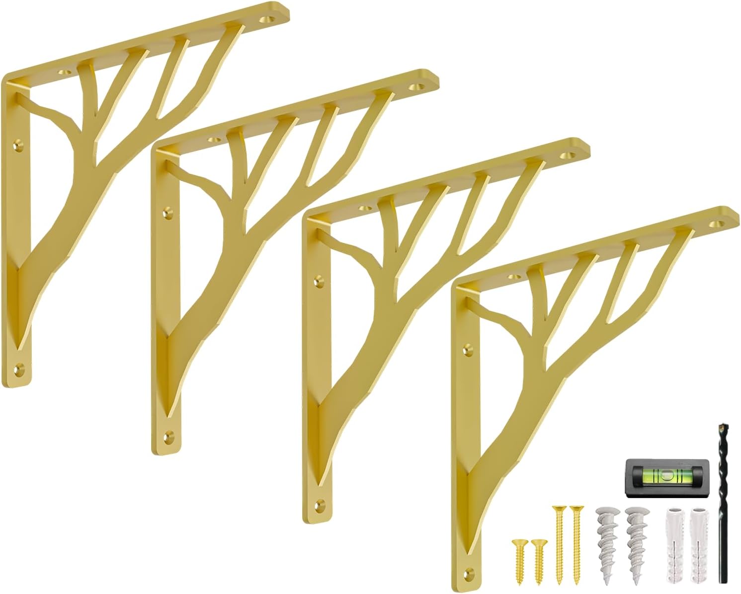 Rustic Tree Black Heavy Duty Shelf Brackets 8 inch by Balin Designs, Decorative L Brackets, Iron Metal Floating Shelf Bracket, Wall Mount Shelving Bracket, Included Hardware, Set of 4