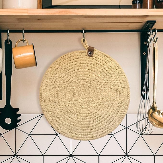 Image of Cotton Rope Placemat Set with Coasters and Holder 6 Pieces Round Woven Table | Mats Natural Beige Heat Resistant | Dining Table Decor | Durable Washable Kitchen Accessories