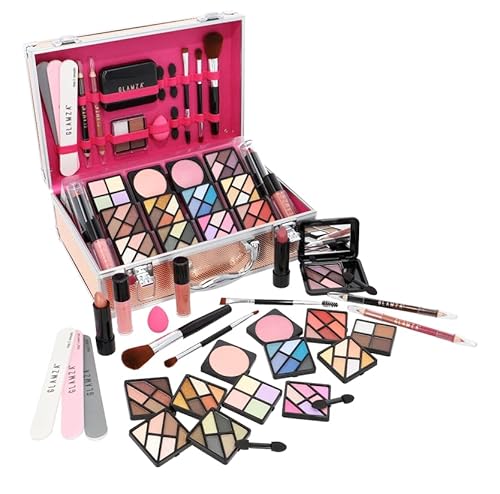 Glamza 84 Piece "Hot to Handle" Vegan Vanity Case - Full Aluminium Frame - Pink Lining - Premium Makeup Set with Eyeshadows, Brushes, Lip Gloss & More