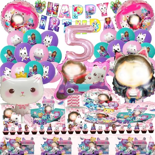 SunwE 102 stuks cartoon verjaardagsdecoratie 5 jaar, cartoon party servies, anime-verjaardagsdecoratie meisjes, ballonnen verjaardag, voor kinderen, borden, kopjes, tafelkleed, servetten,