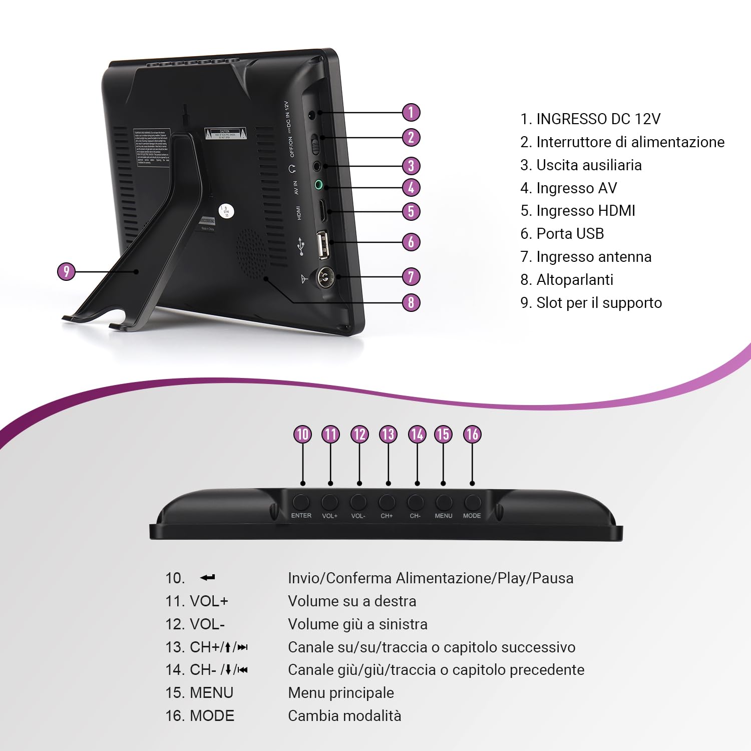 August DA900D TV portatile 9" ricaricabile Freeview HD con registratore | EPG 7 giorni e sottotitoli, lettore USB, HDMI/AVI in, audio in/out, 12V/rete, mini TV per camper e casa