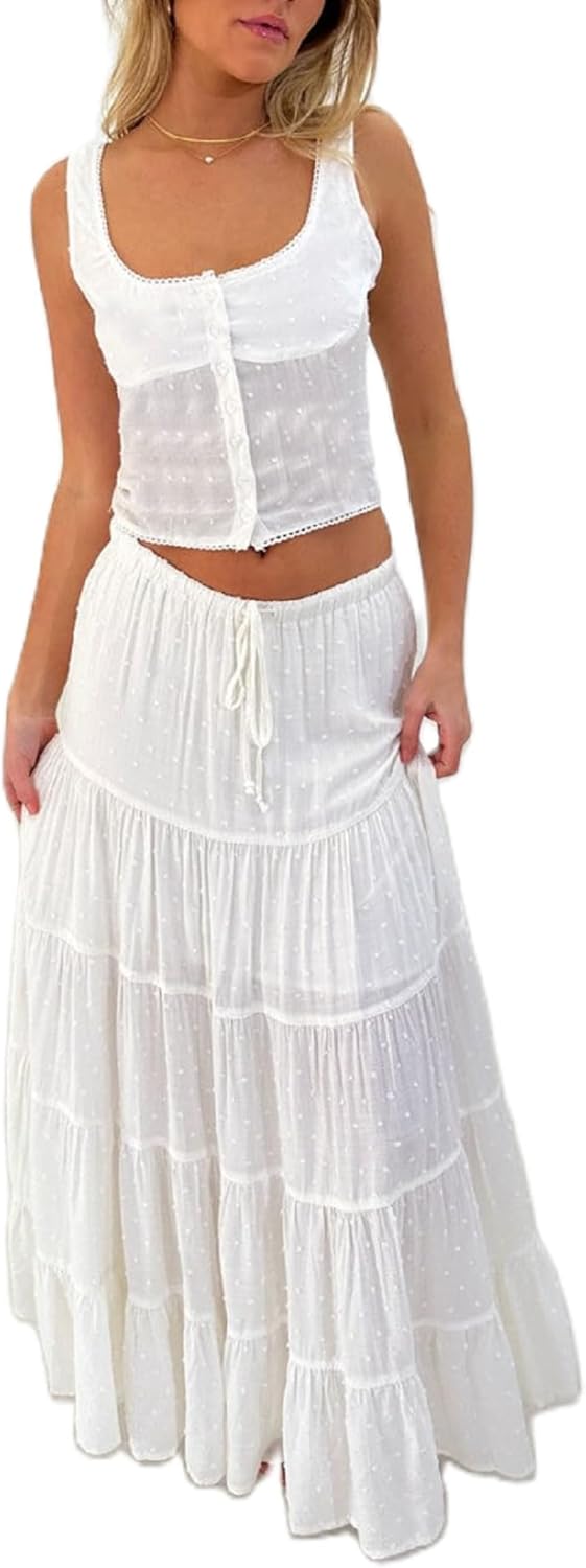 Women Y2K 2 Piece Skirt Set Spaghetti Strap Cropped Cami Ruffle Tiered Flowy Maxi Skirt Vacation Beach Outfits