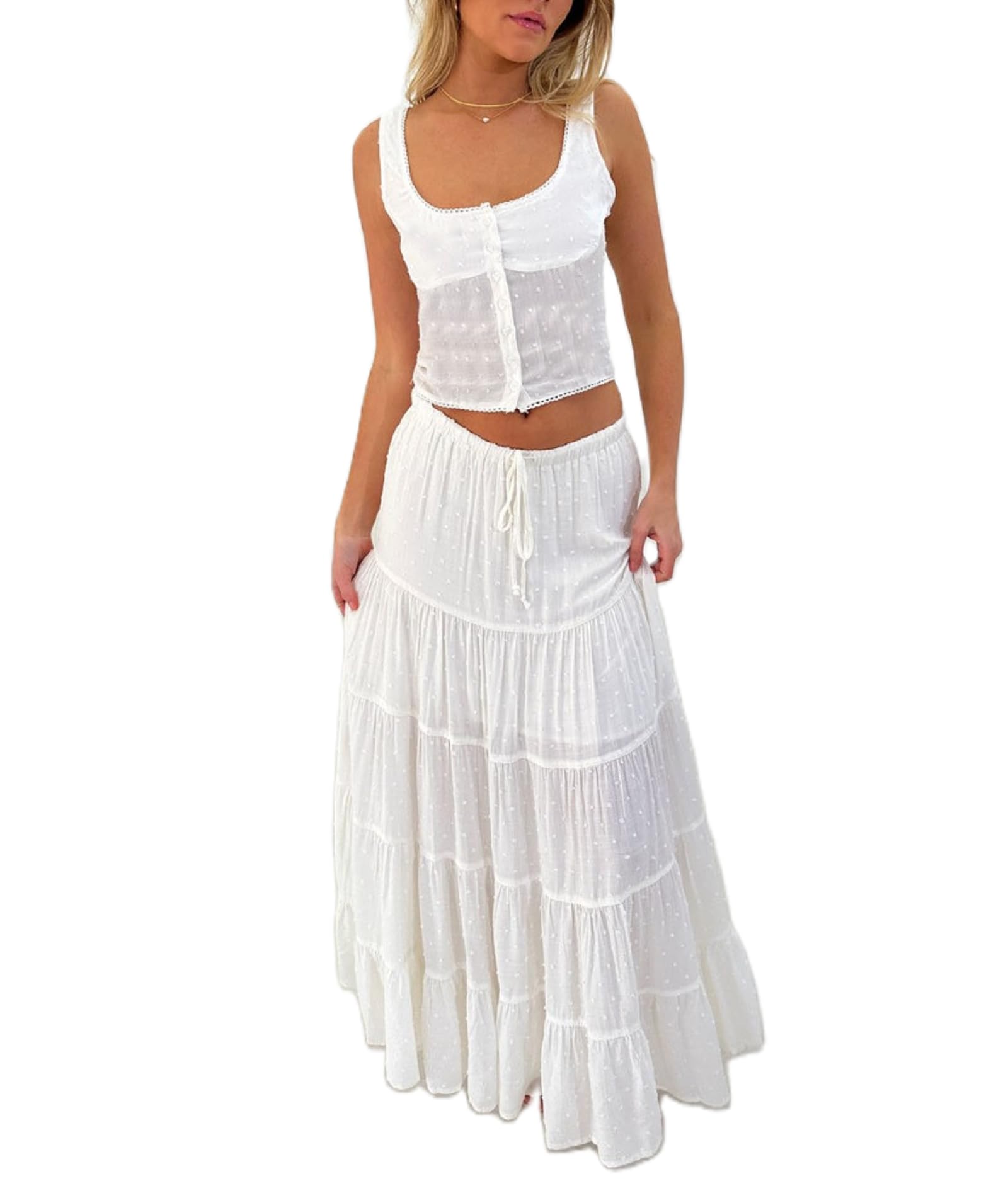 ROAONOCOMO Women Y2K 2 Piece Skirt Set Spaghetti Strap Cropped Cami Ruffle Tiered Flowy Maxi Skirt Vacation Beach