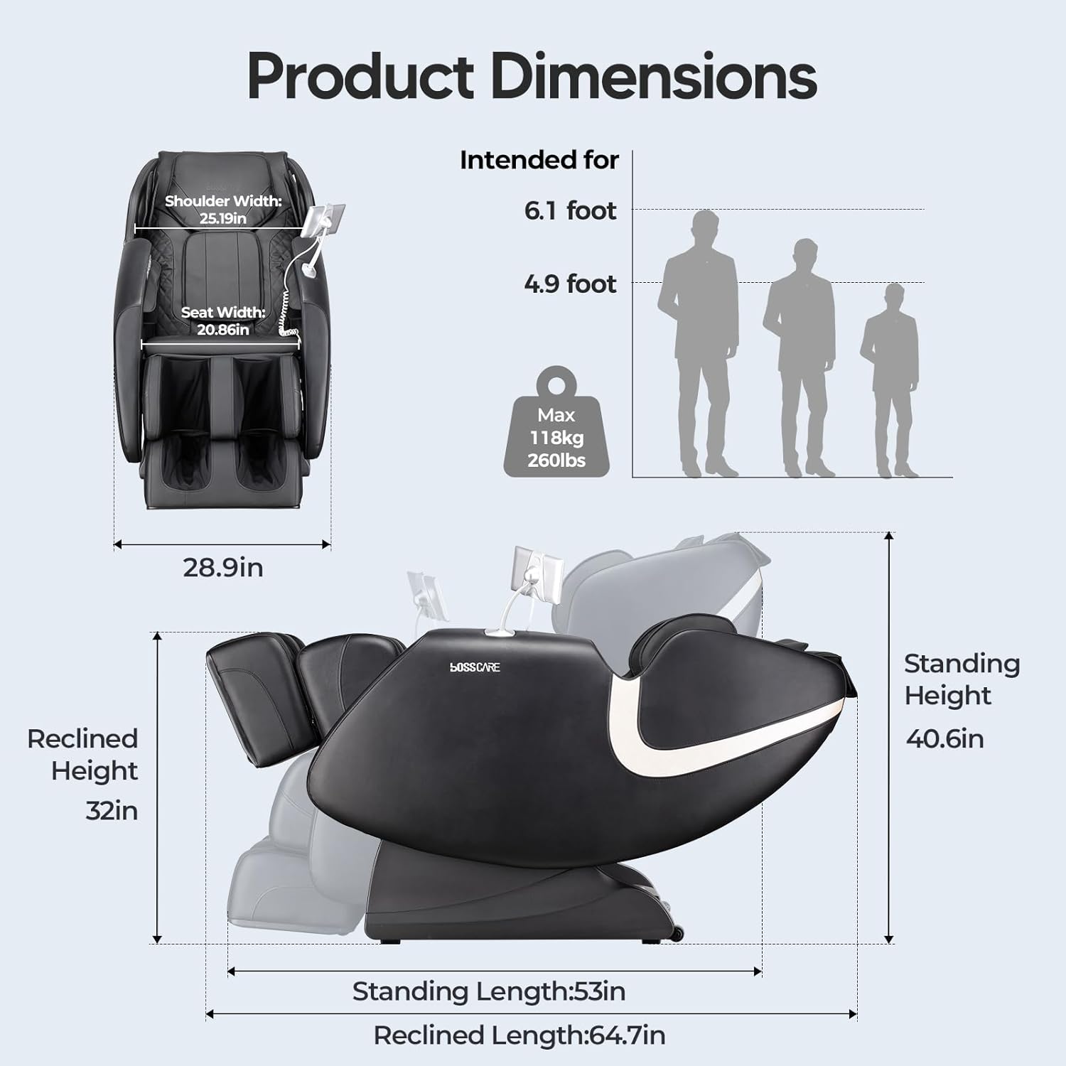 Product dimensions of the BOSSCARE GR8013 massage chair, showing shoulder width, seat width, reclined and standing height/length, and maximum user height/weight.