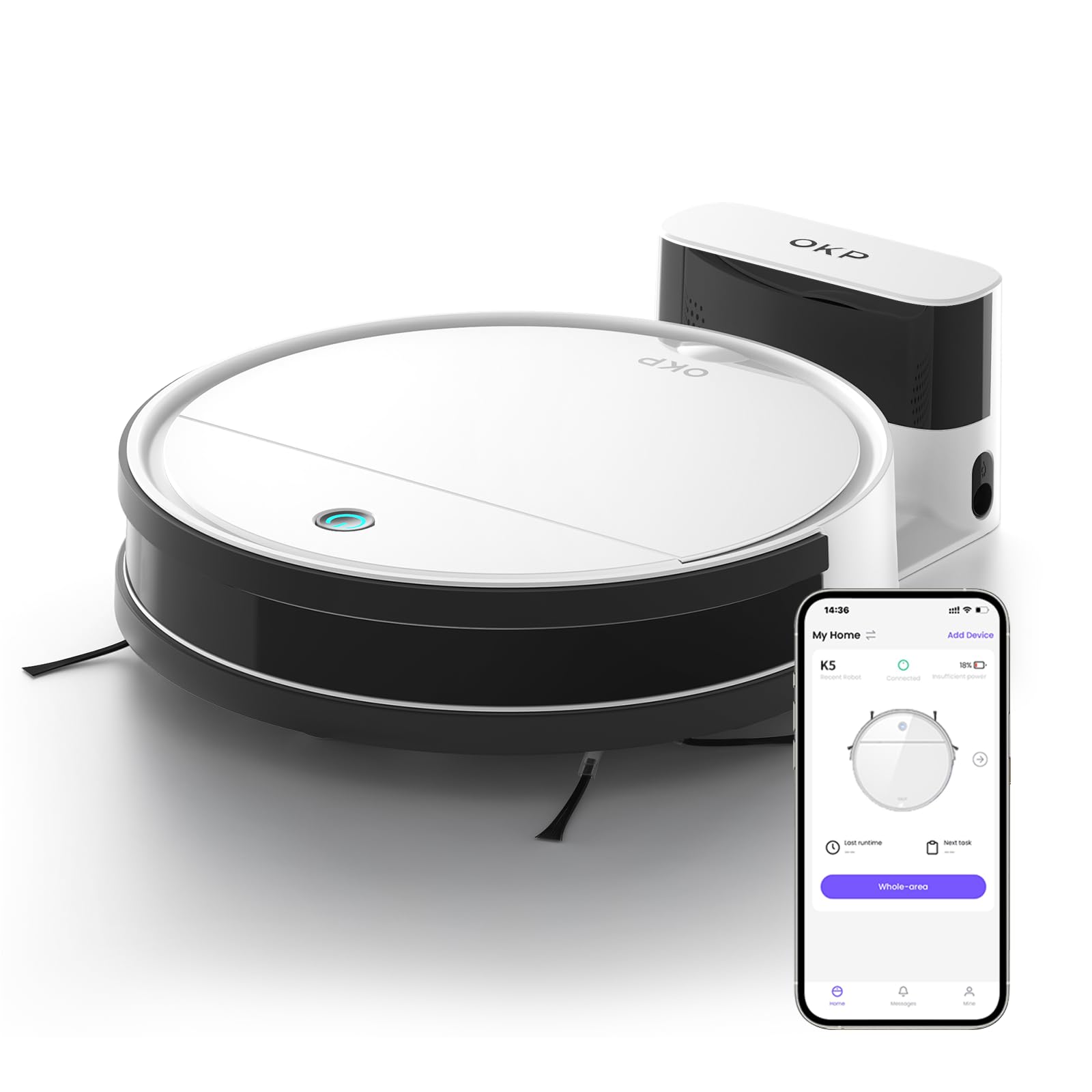 OKP K5 Robot Aspirador, Autocargable Aspirador Robot con WiFi App Alexa Control, Succión Fuerte, Sensor de Anticolisión 6D Mejorado, Automático Vacuum Cleaner para Mascotas y Piso