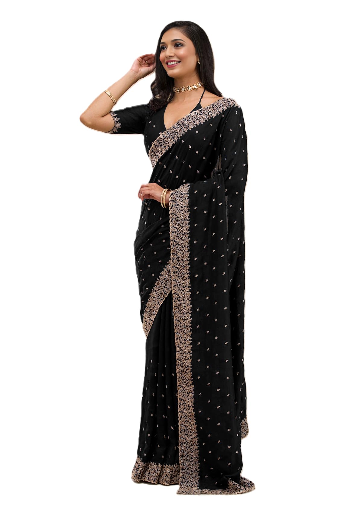 Women Vichitra Silk Saree with Embroidered Border with Unstitched Blouse Piece | Latest Sarees Bollywood Sari | New Sarees | Saree Blouse| Designer Saree-image-32