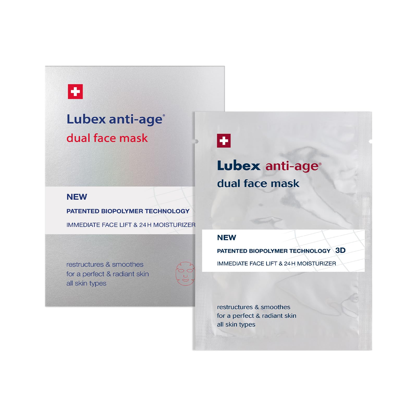 Dual Face Mask - Maschera viso a 2 fasi con biopolimero 3D, rassodante istantaneo, idratazione per 24 h, esapeptidi e vitamina C, dermatologicamente testata, 2 x 1 maschera in tessuto