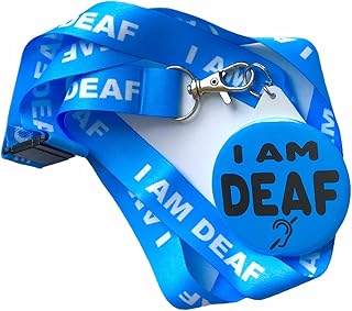 I AM DEAF printed Lanyard with an I Am Deaf Badge, Blue Neck Lanyard for Deaf people, Hearing Impaired, Lipreading, Deafness Awareness, Hard of Hearing Badges, HoH, Hidden Disability