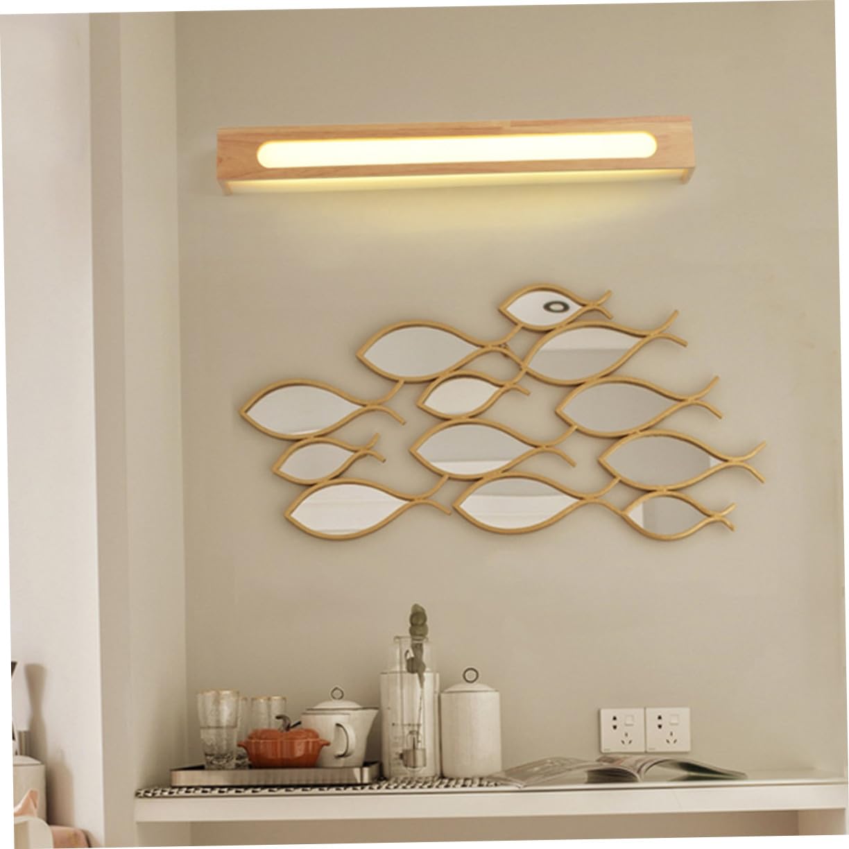 TEHAUX LED Spiegel Wandleuchte aus Gummibaumholz für Bad und Schlafzimmer | Eisen und Kunststoff, mit LED Chips, Einfache Moderne Optik, als Leuchte über Spiegel