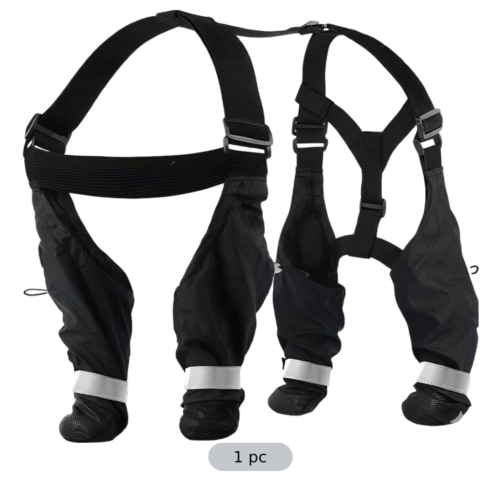 Stiefel mit Trägern für kleine Haustiere, wasserdichte Stiefel mit Trägern, reflektierende rutschfeste Schuhe für Regen, Schnee und Wanderungen, kompletter Beinschutz, Pfotenschutz, Schwarz, XS