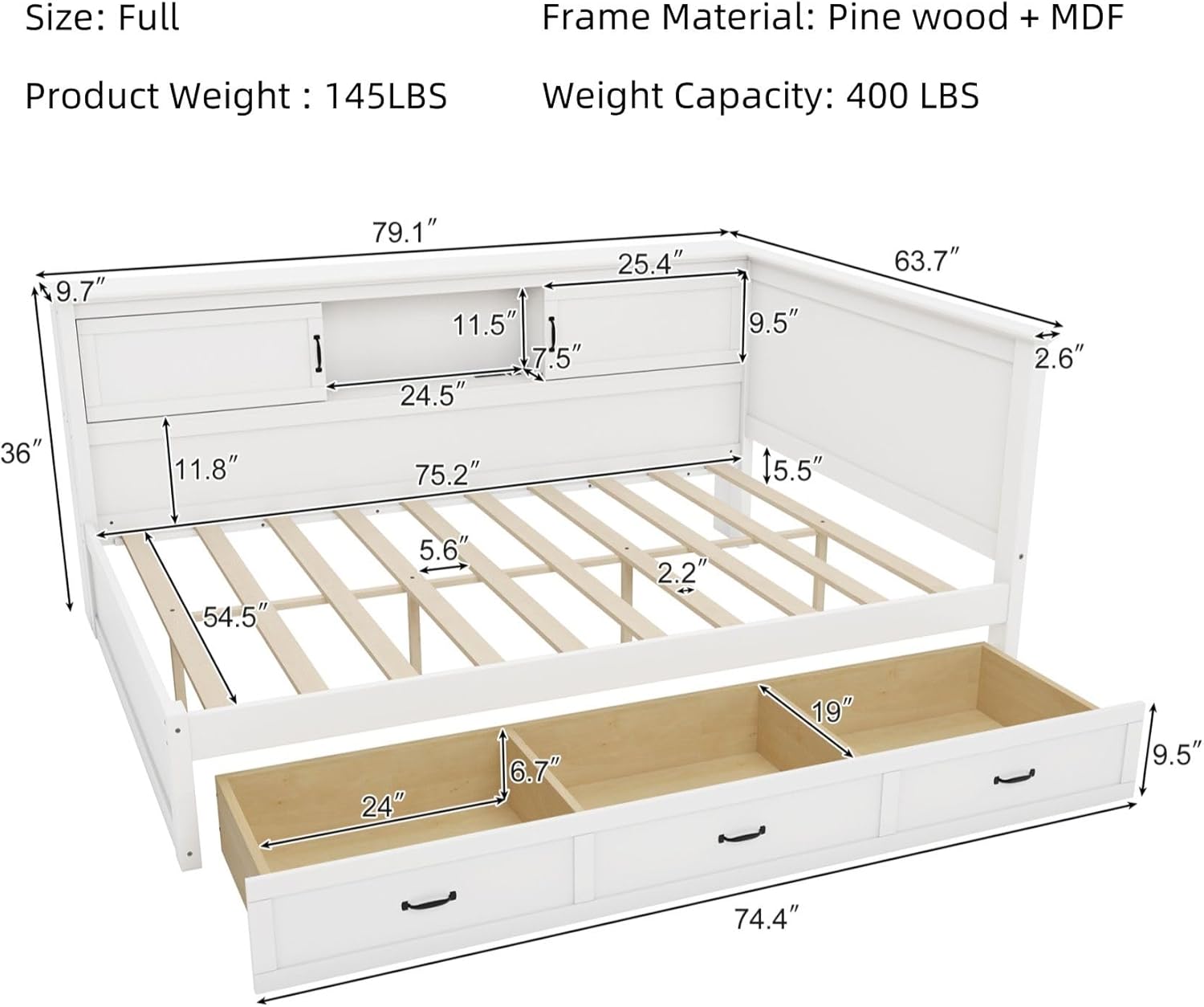 Detailed diagram showing the dimensions of the Merax Full Size Corner Bed Frame.