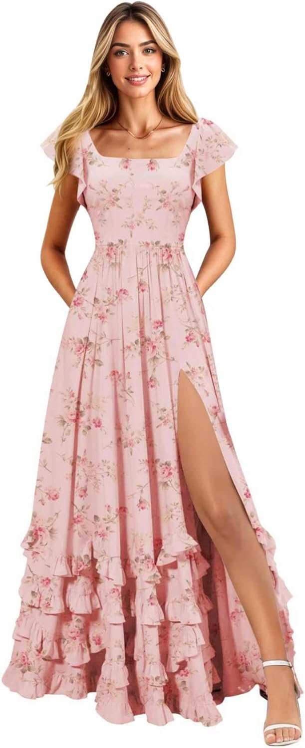 Tiered Chiffin Bridesmaid Dresses for Women 2026 Flutter Sleeve Square Neck Formal Evening Party Gowns with Slit