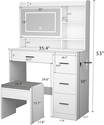 Miniatura 6 de Vanity Desk with a Mirror and Lights，with Chair and Four Drawers, Three Adjustable Lighting Modes，with Power Outlet and Sliding LED Mirror,Bedroom
