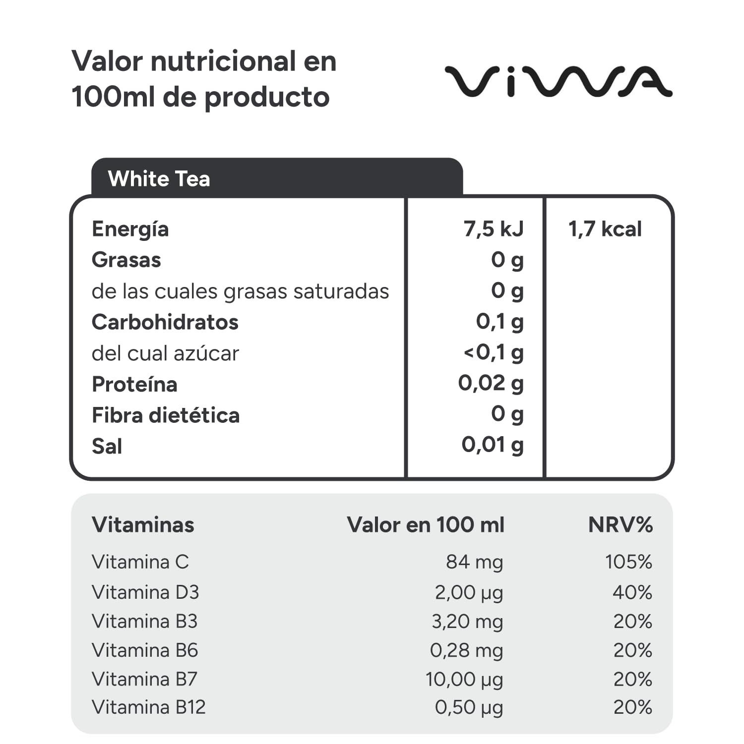 VIWA VITAMIN WATER Té Helado Blanco Bebida Refrescante Cero Azúcar con Vitaminas C, D y B. Sabor Mango, 330ml, Pack de 24, White Tea