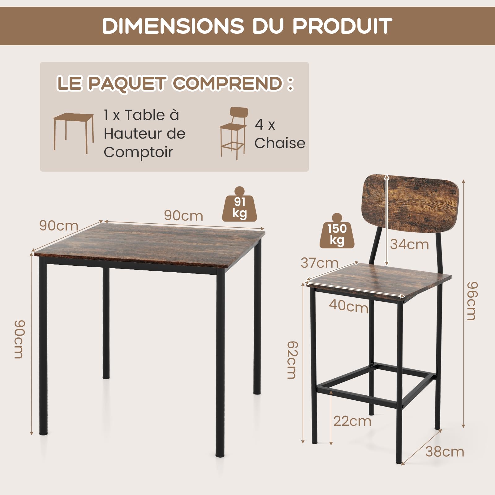 COSTWAY Ensemble Table et 4 Chaises, Table Haute Cuisine 90 x 90 cm, Tabouret avec Dossier, Mange Debout pour 4 Personnes, Design Compact, pour Cuisine, Bistro, Salon, Bar (Marron foncé)