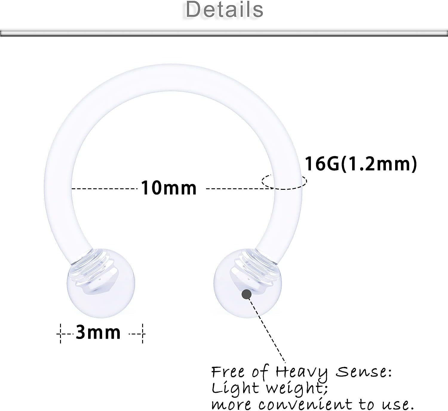 18G 16G 14G Plastic Septum Rings Flexible Lip Rings Hoops Septum Nose Rings Smiley Piercings Acrylic Horseshoes Cartilage Helix Rook Daith Earrings Piercing Retainer for Work 8mm 10mm 12mm