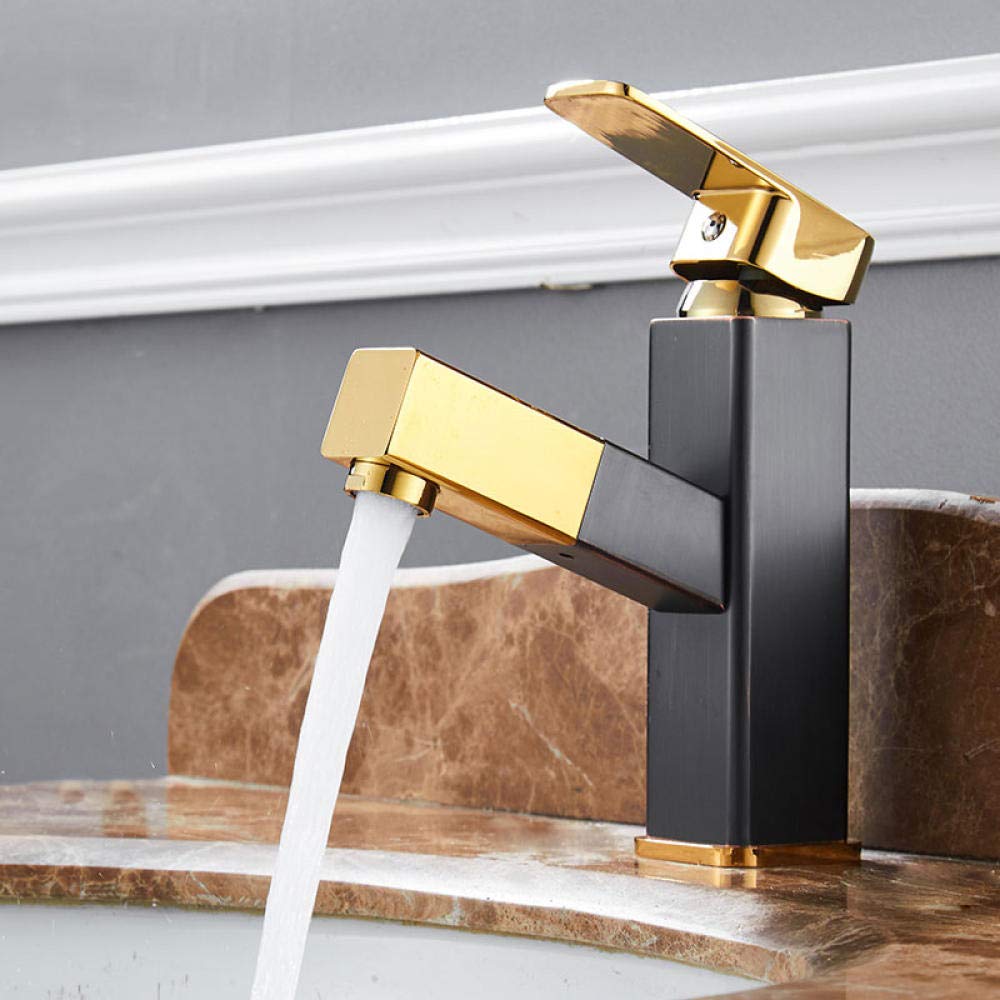 ASerZenith Bathroom Basin Faucets Pull Out Gold/Black Bath Sink Crane Copper Sink Mixer Taps Hot and Cold Deck Mounted Wash Faucet