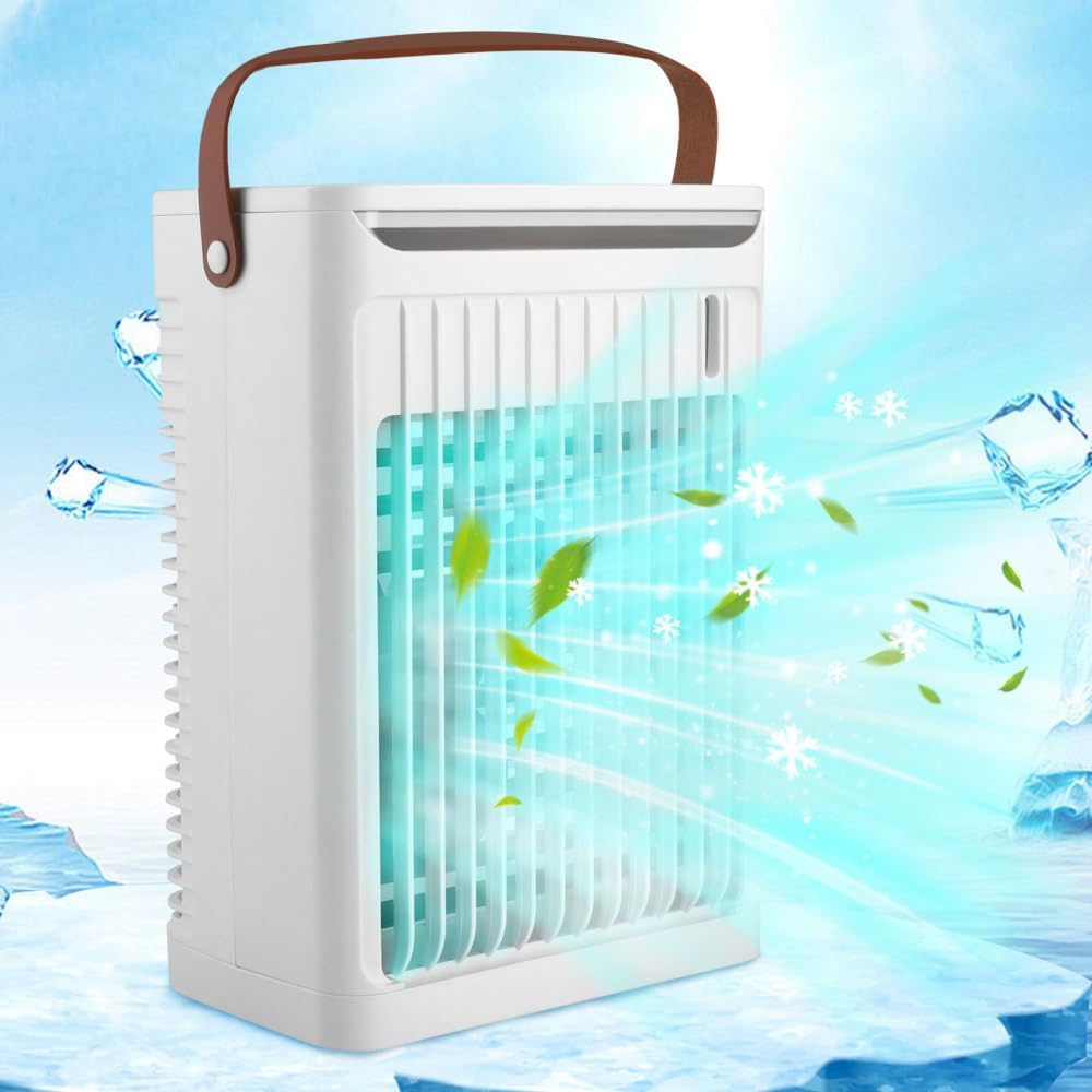 Mini Air Coolers for Home, USB Evaporative Air Cooler, Portable Air Conditioner Fan with 5 Speeds 7 Colors, 680mL Water Tank, Timed Desktop Ice Cube Cooling Fan for Home Office Bedroom Travel