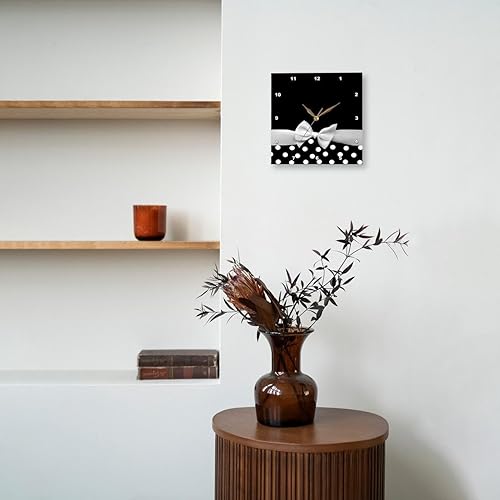 Miniatura 7 de 3dRose Wall Clock Silent - 15 inch - Retro Chic Black and White Polka dots and White Ribbon Bow - 50s Classic Elegance - Ribbon Designs