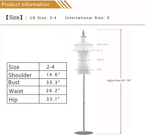 Miniatura 2 de Torso de maniquí femenino, maniquíes de forma de vestido de exhibición, tamaño S2  4 55  75 pulgadas, altura ajustable, cuerpo de maniquí, soporte