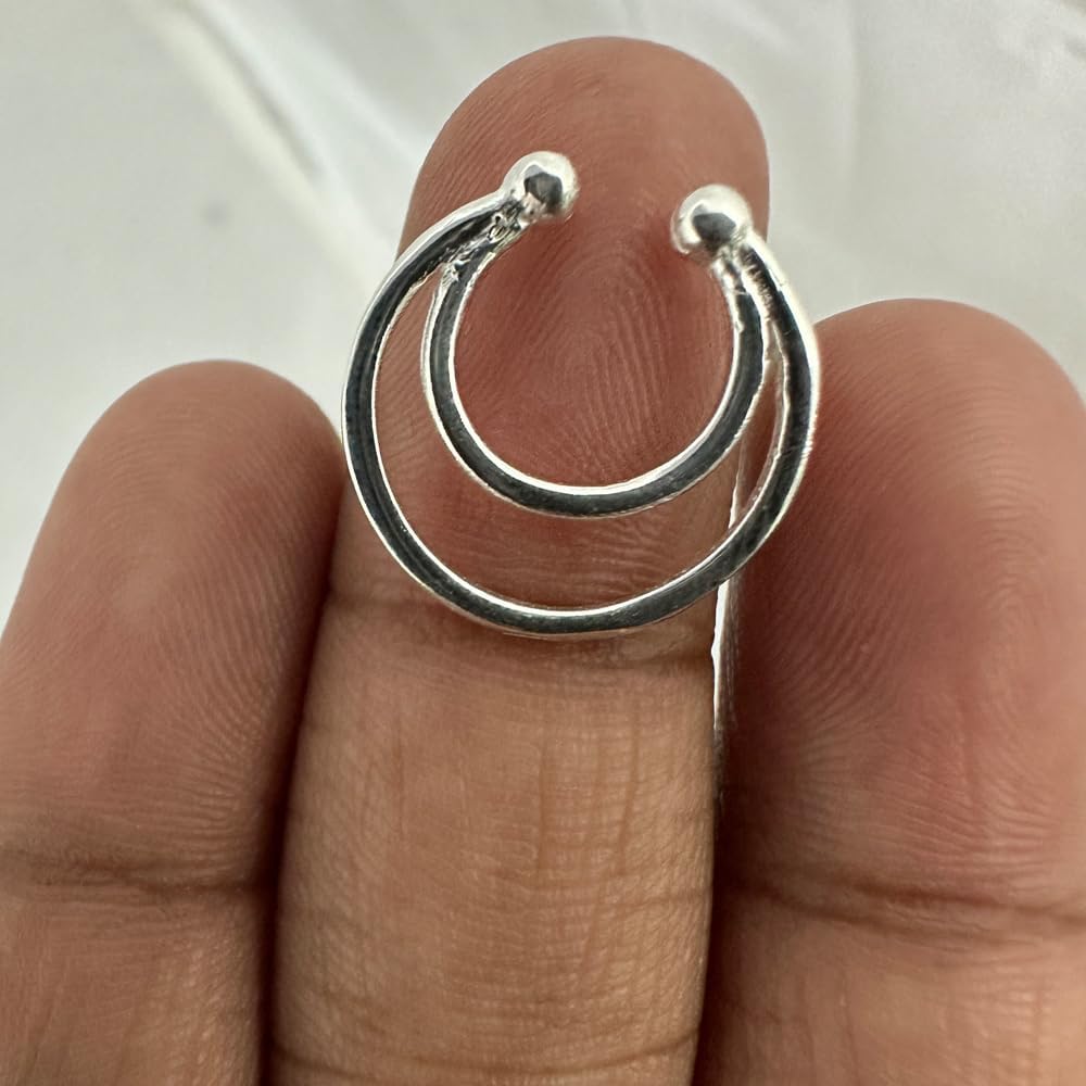 Twin Circle Horseshoe Style 925 Sterling Silver Hoop Clip on Fake Septum Nose Rings Non Piercing Lip Ear Ring Faux Body Piercing Jewelry