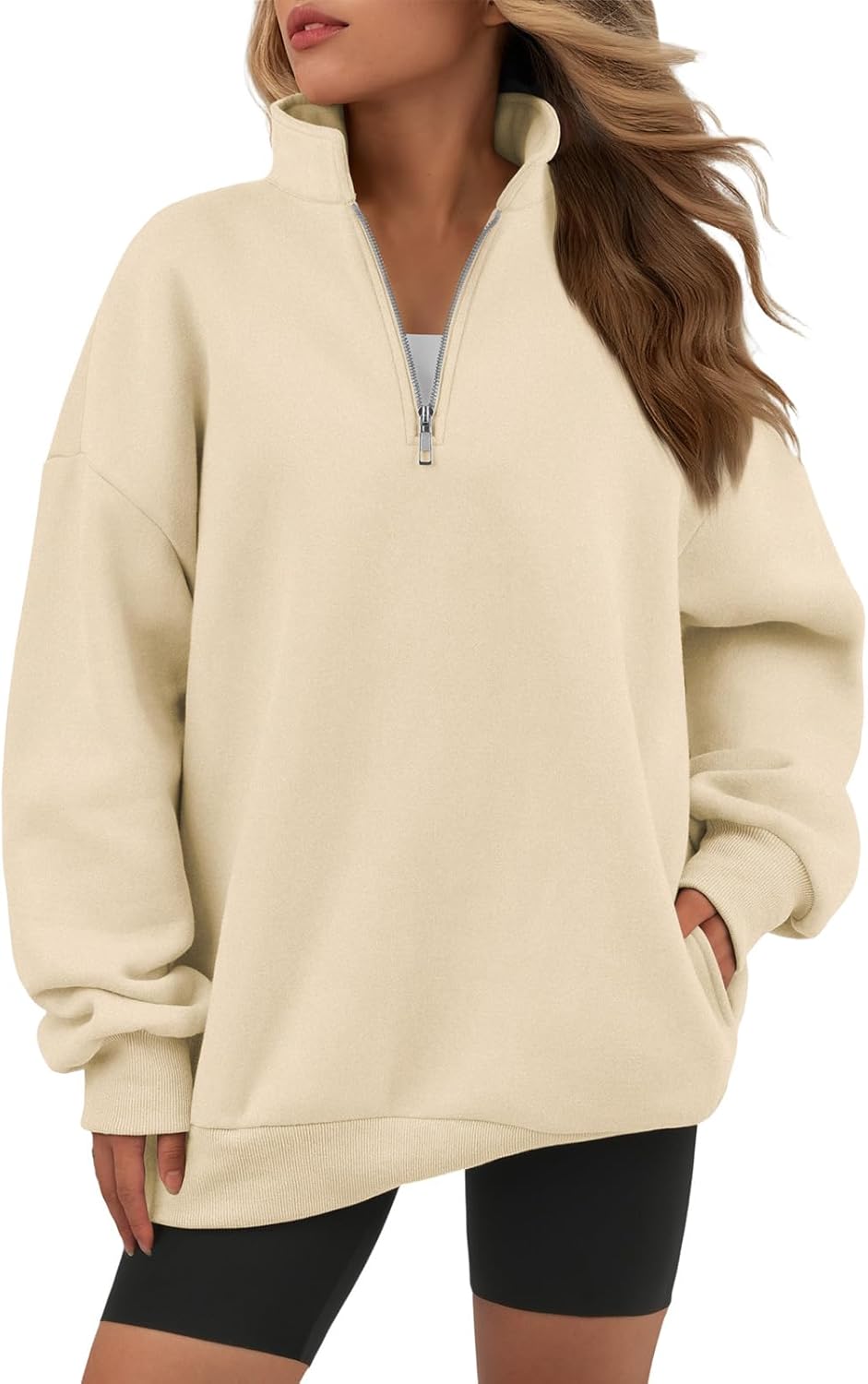 ATHMILE Womens Oversized Sweatshirts Fall Fashion Hoodies Half Zip Fleece Pullover Long Sleeve Y2K Clothes with Side Pockets