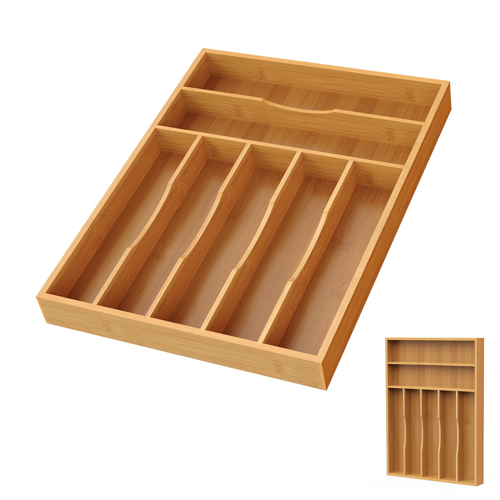 Bayting Bamboo Silverware Organizer, Bamboo Kitchen Drawer Cutlery Organizer, Utensil Holder, Flatware Organizer Tray (15.8"x11.7"x1.6")