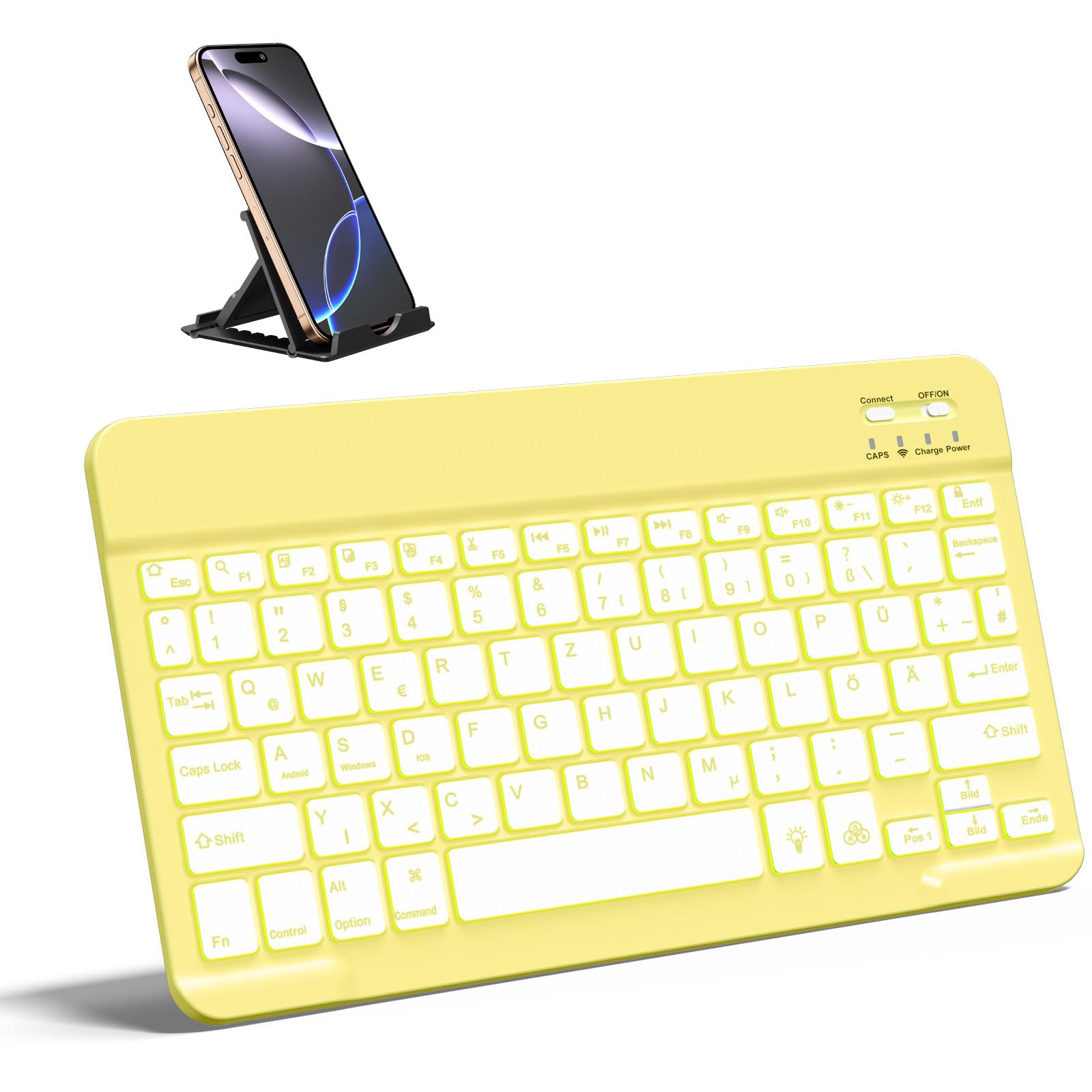 Vobafe Bluetooth Tastatur mit Telefonhalter für iPad Air/Pro/Mini/A16/11/10.9/10.2/iPhone, Kabellose Tablet Keyboard für iOS/Android/Windows, Deutsche QWERTZ, 7 Farben Beleuchtete, Gelb