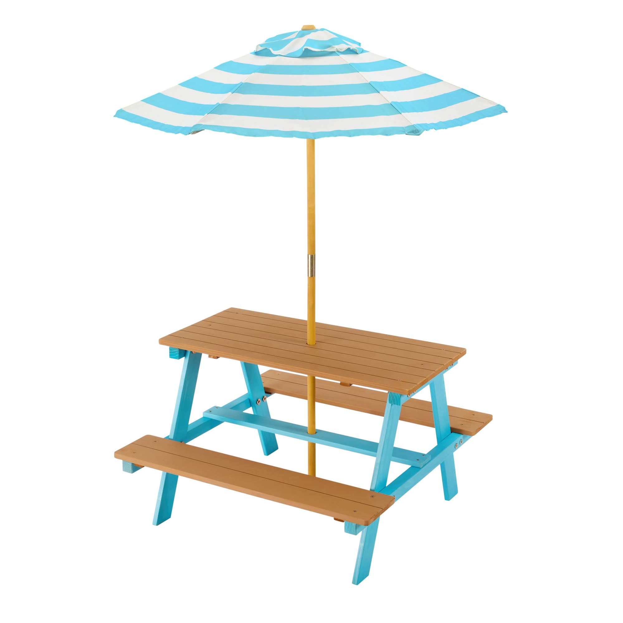 Teamson Kids Mesa de Picnic de Madera Dakota con Parasol a Rayas – Mesa y Bancos de Exterior para niños, Azul