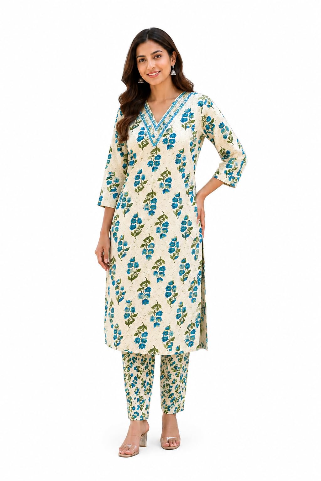 THE ETHNIC LAB Women Floral White Printed Cotton Kurta Pant Set | Straight Fit Ethnic Co-Ord Set for Women | V Neck 3/4 Sleeve Kurti with Printed Pants.-image-24