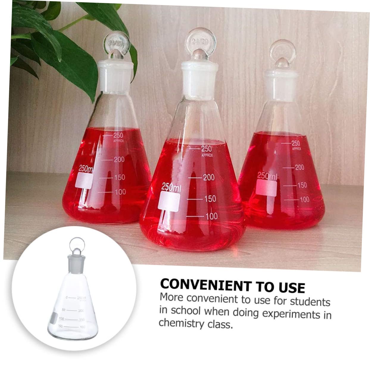 Set 3 Pezzi Beuta Conica in Vetro 250ml con Tappo Sughero, Vetreria da Laboratorio per Esperimenti di Chimica in Classe, Bottiglia Liscia e Inodore
