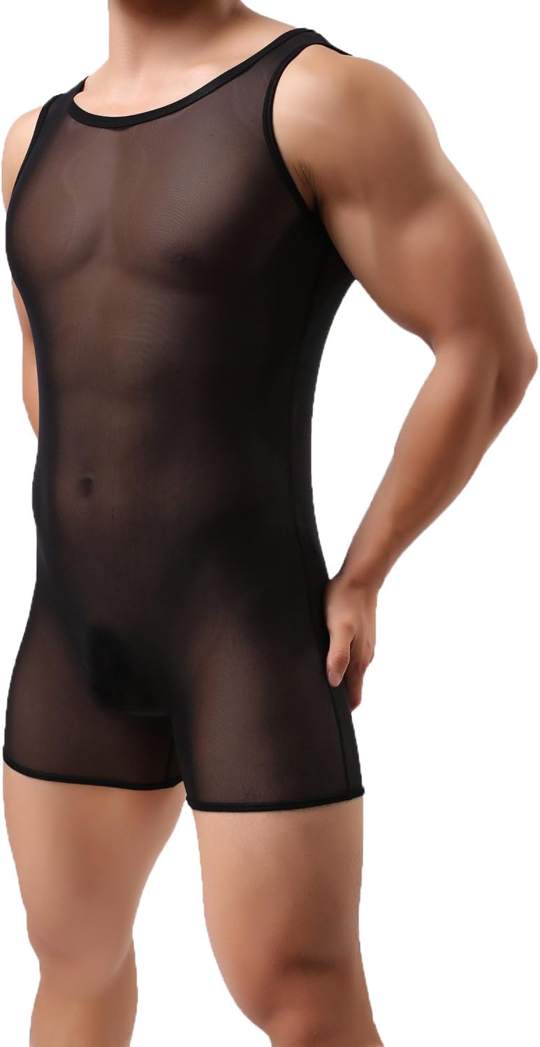 Aiteme Men's Mesh See-Through Lingerie Bodysuit T-Shirt Boxer Romper