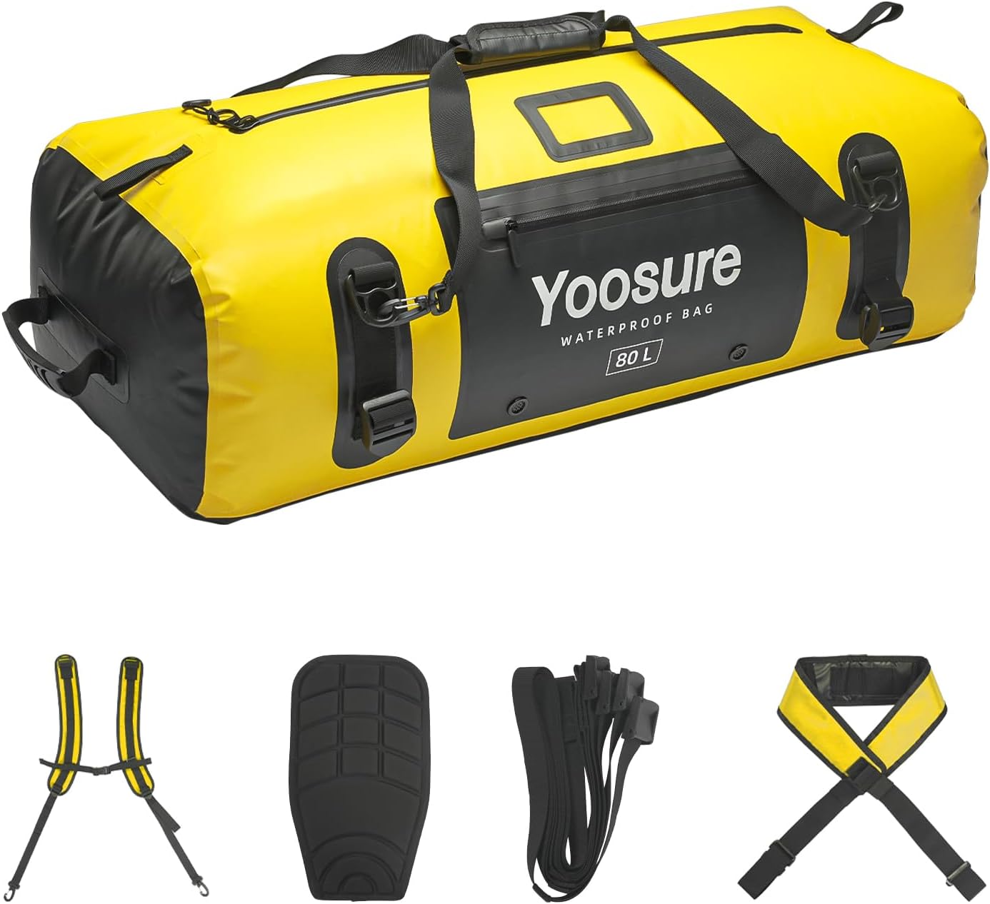 80L Waterproof Duffel Bag Motorcycle Dry Bag Backpack, Waterproof Zippered Bags with Backpack Spacer Pad for Kayaking Rafting Boating Canoeing Camping Paddle Beach (Yellow)